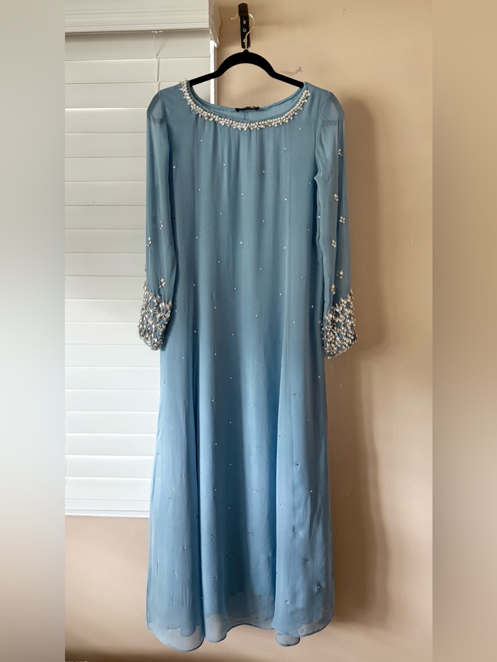 Lulusar Light Blue Pearls Rhinestones A line Long Sleeve Dress Xs NWT